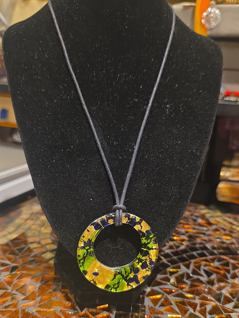 Vintage Green, Black and Gold Donut Pendant Necklace